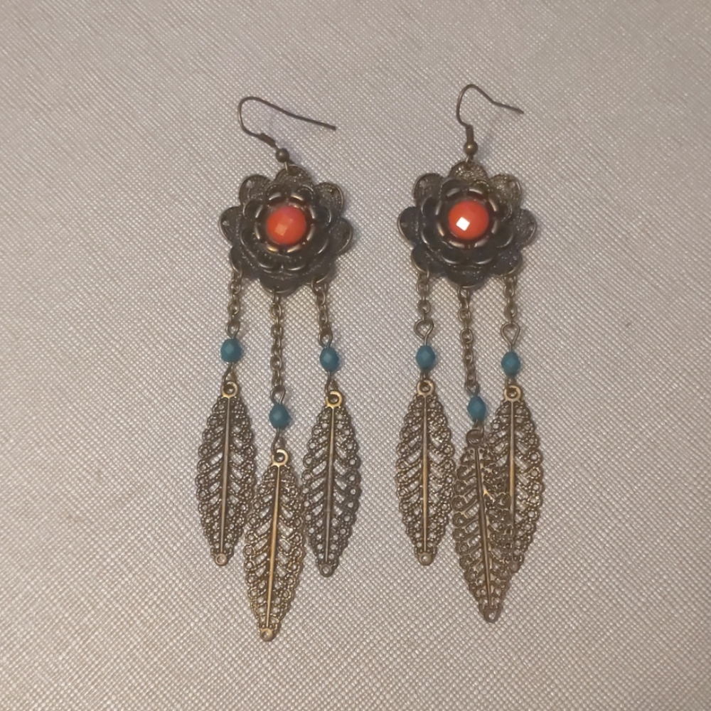 Bronze boho flower and feather earrings